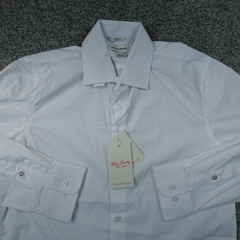 NEW Lucky Brand Shirt Mens M 15.5 32/33 White Slim Long Sleeve Button Up Dress